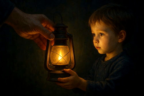 بزرگسالی در حال دادن نور امید به یک کودک