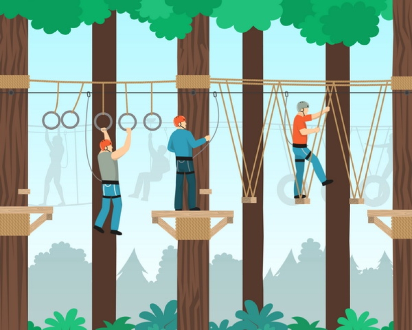 Rope walking outdoor adventure park activities with tightrope and zip line component flat poster vector illustration